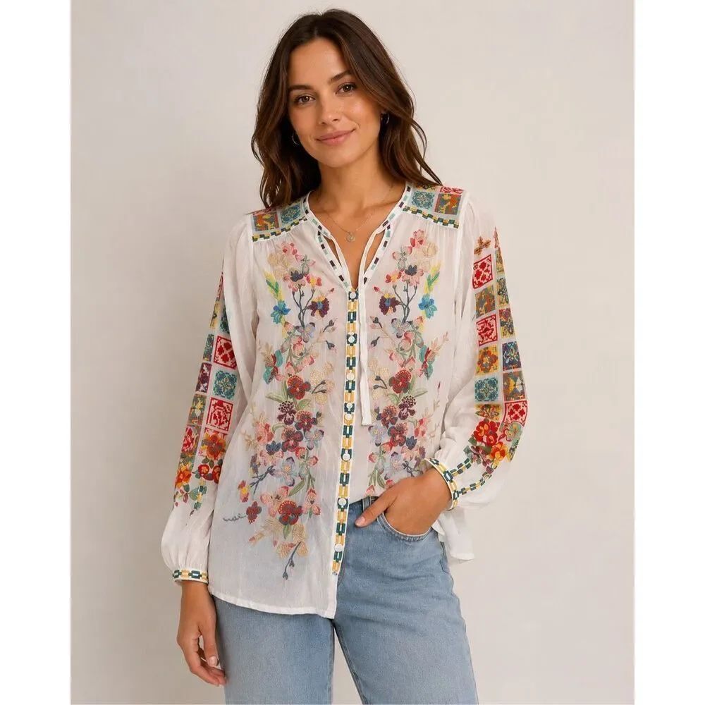 Johnny Was Embroidered Sheer Boho Floral Blouse White Size XS